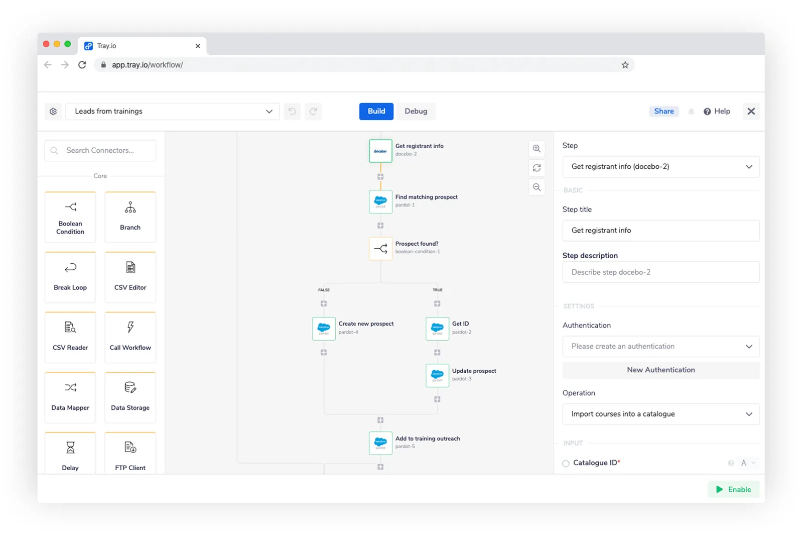 Tray workflow showing the same Pardot prospect-routing branch used to fan registrants from different training programs into separate downstream campaigns.