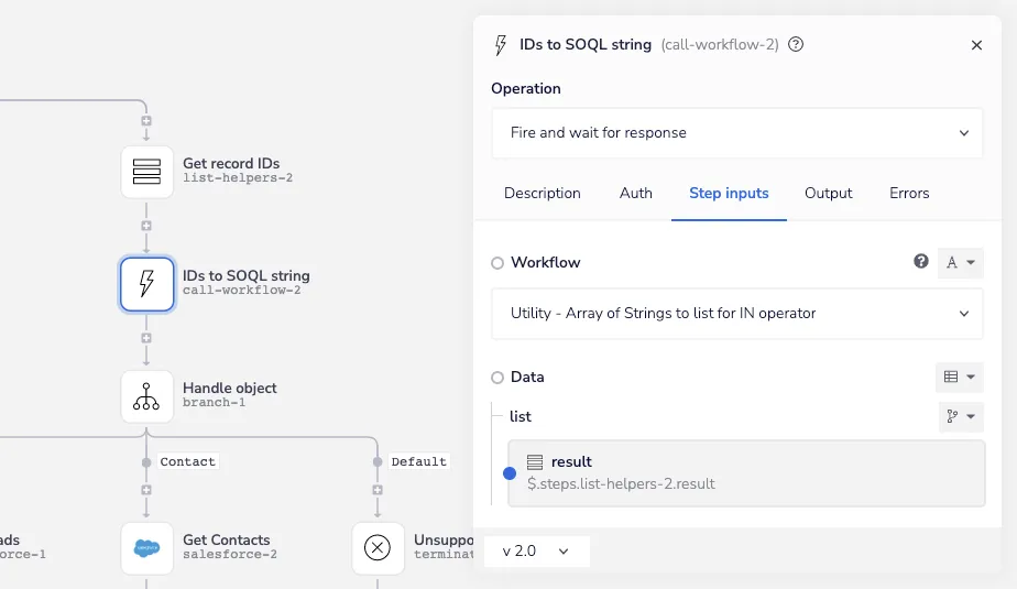 Call Workflow step IDs to SOQL string invoking the Utility - Array of Strings to list for IN operator callable workflow.