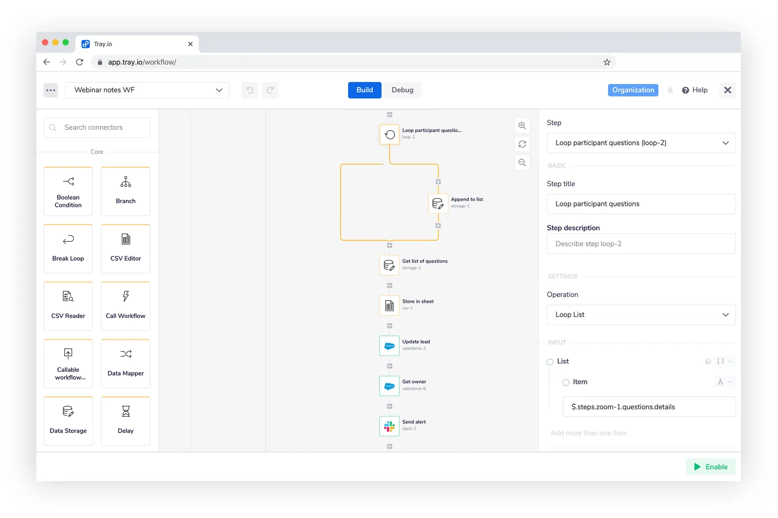 Nested loop over participant questions appending each to a data-storage list, then Get list of questions, Store in sheet, Update lead, Get owner, and Send alert in Slack