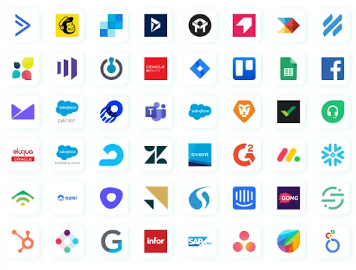 Grid of around forty SaaS application icons including Mailchimp, Microsoft Dynamics, Salesforce, Slack, Snowflake, Intercom and Gong, illustrating the breadth of tools an embedded integration solution must support