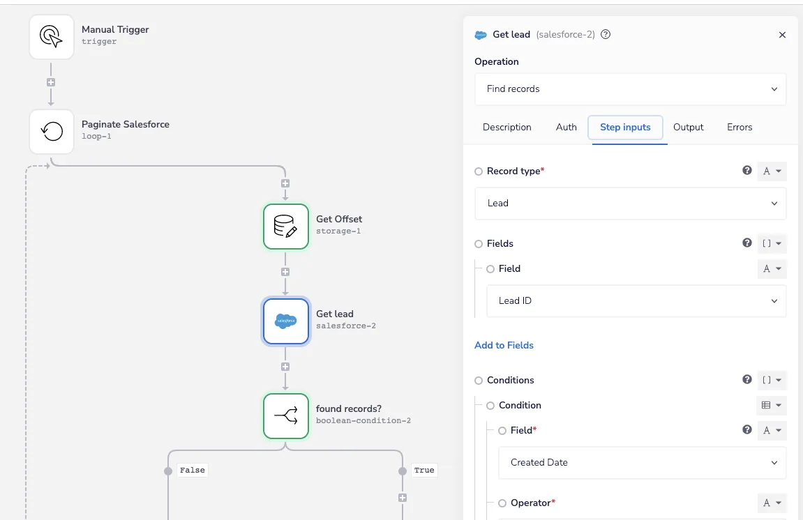Backfill workflow using Salesforce Find records to paginate Lead records by Created Date, returning only the Lead ID field.