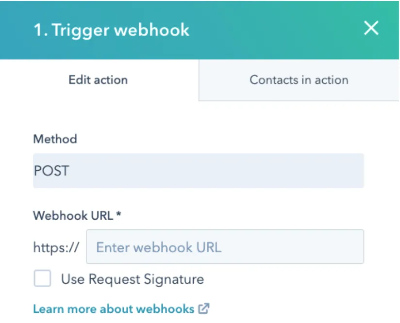 HubSpot Trigger webhook action edit panel with Method set to POST and an empty Webhook URL field prefixed with https://.