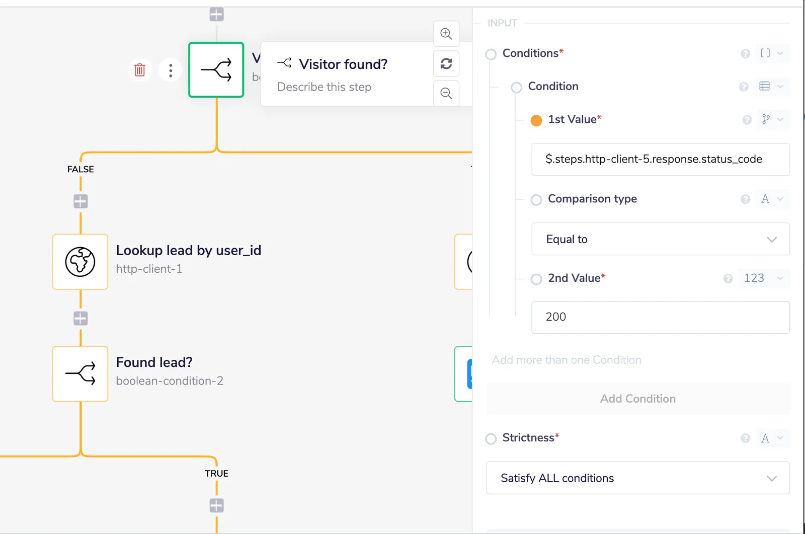 Tray "Visitor found?" boolean step configuration: 1st Value $.steps.http-client-5.response.status_code, comparison Equal to, 2nd Value 200, Satisfy ALL conditions.