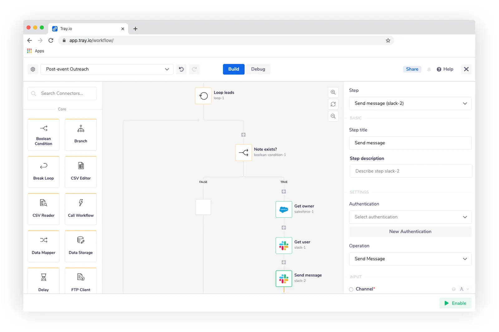Tray workflow looping leads with a Note exists? boolean that, on true, runs Get owner from Salesforce, Get user from Slack, and Send message to notify the account owner