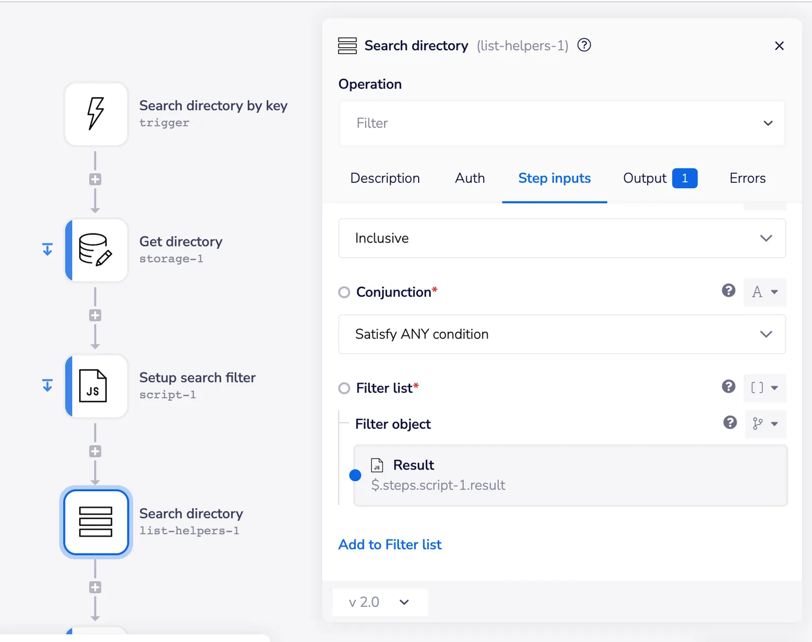 Search directory step configured as a Filter list-helpers operation with a Filter object bound to the previous script result