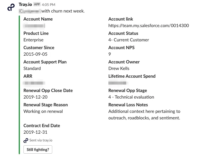 Example Slack churn-warning message with account details and an interactive button to flag that renewal talks are still active