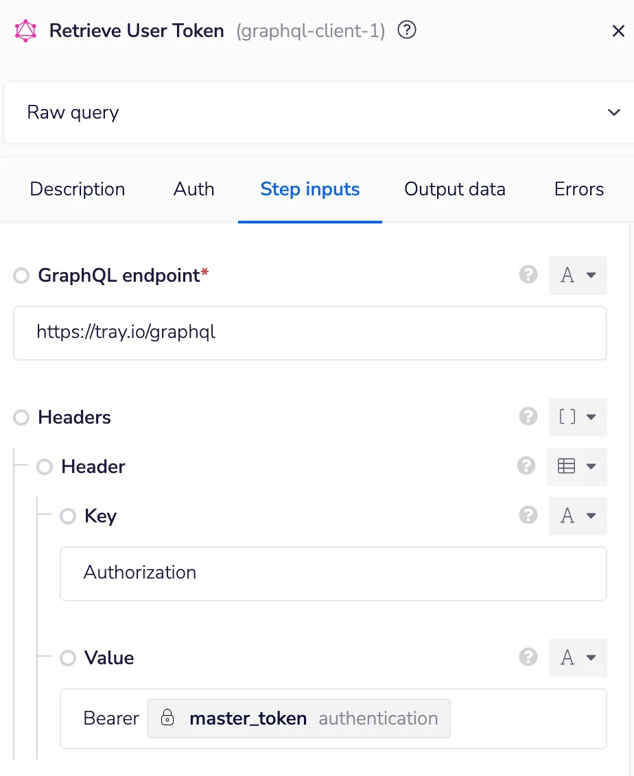 GraphQL Client step configured with the https://tray.ai/graphql endpoint and an Authorization header carrying the master_token bearer