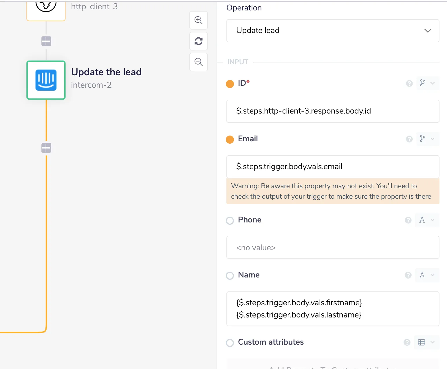 Intercom Update lead step using ID from http-client-3.response.body.id, Email from trigger.body.vals.email, and Name from concatenated firstname/lastname trigger values.
