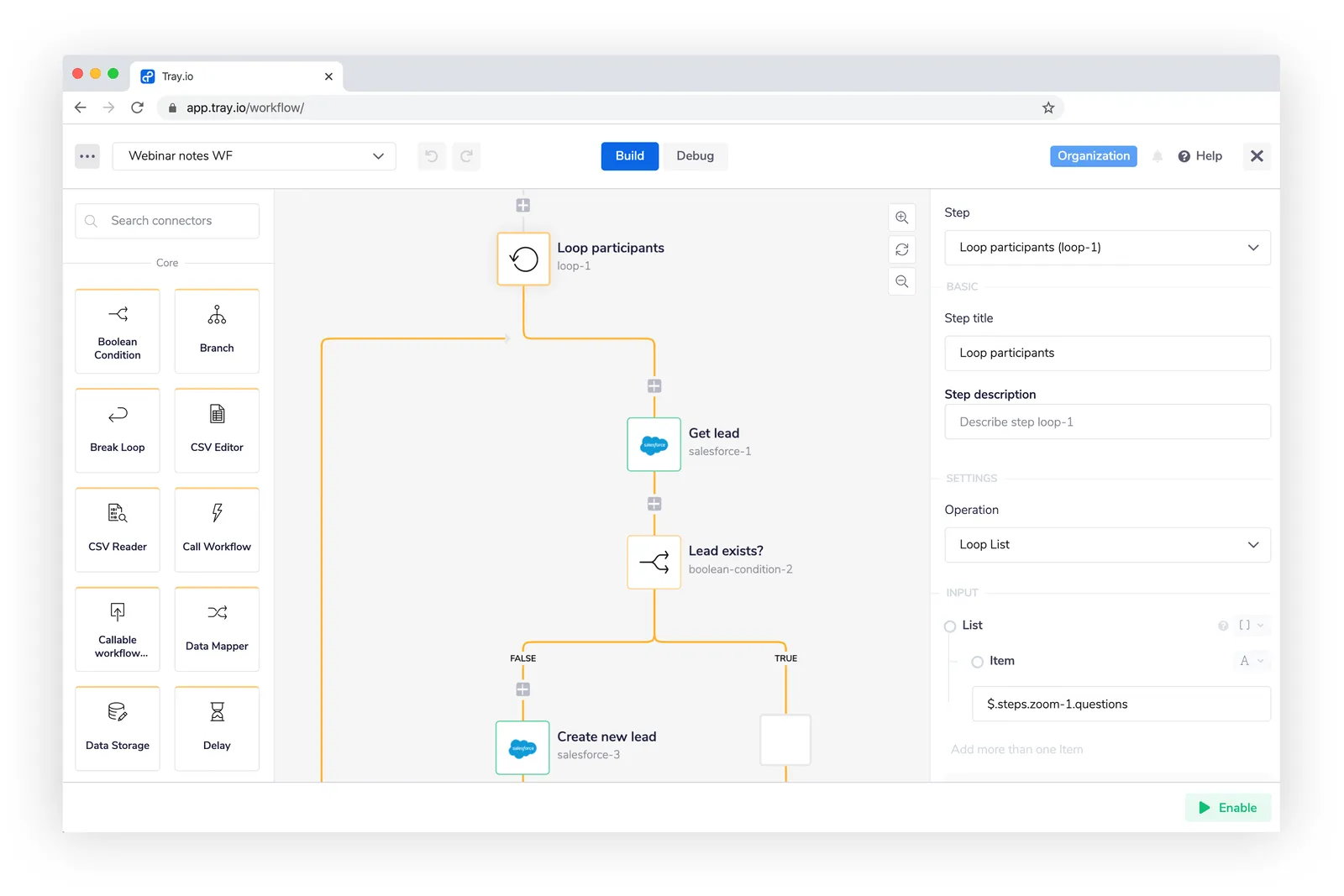 Workflow segment looping each participant, calling Salesforce Get lead, then branching on 'Lead exists?' with a Create new lead step on the False path