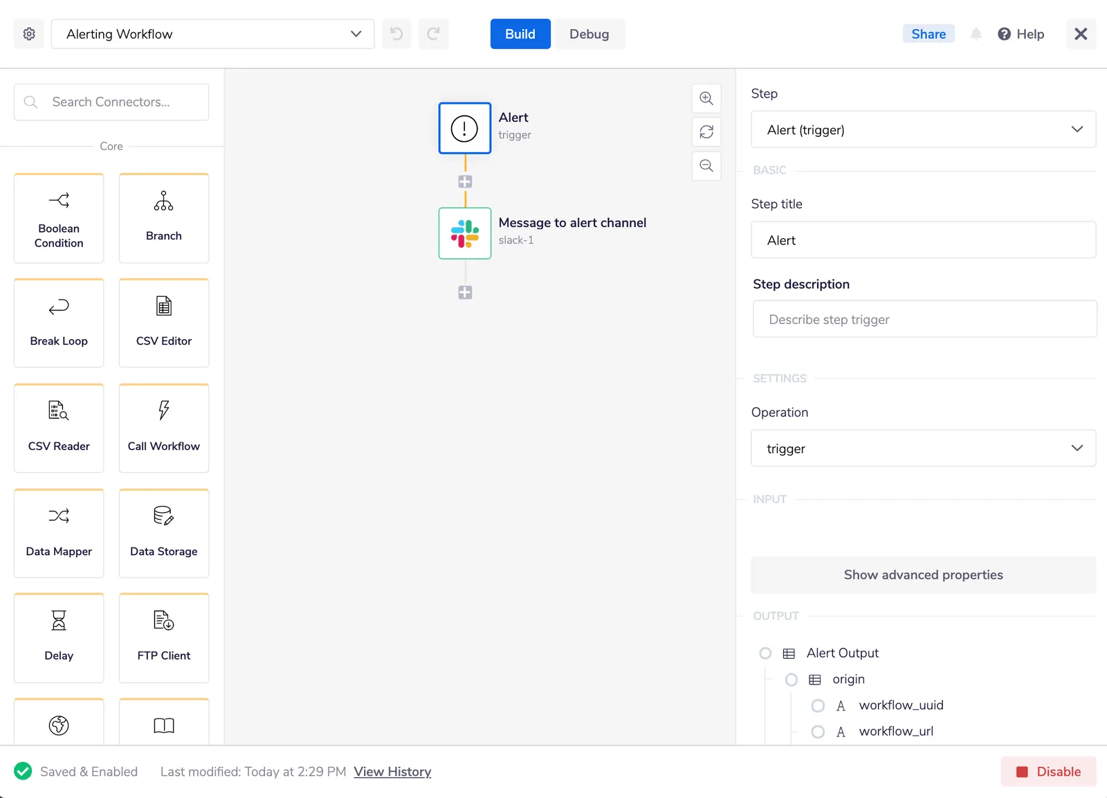 Tray workflow editor showing a two-step Alerting Workflow with an Alert trigger feeding a Slack 'Message to alert channel' step