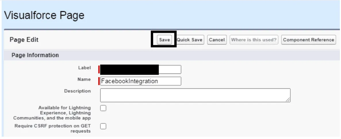 Salesforce Visualforce Page edit screen with the Save button highlighted at the top