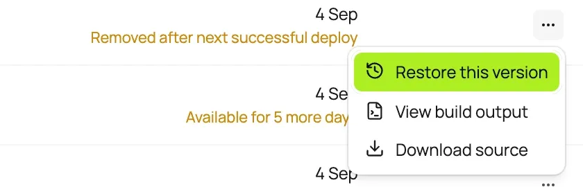The Restore this version menu on an earlier deployment in the Helix Deployments tab.