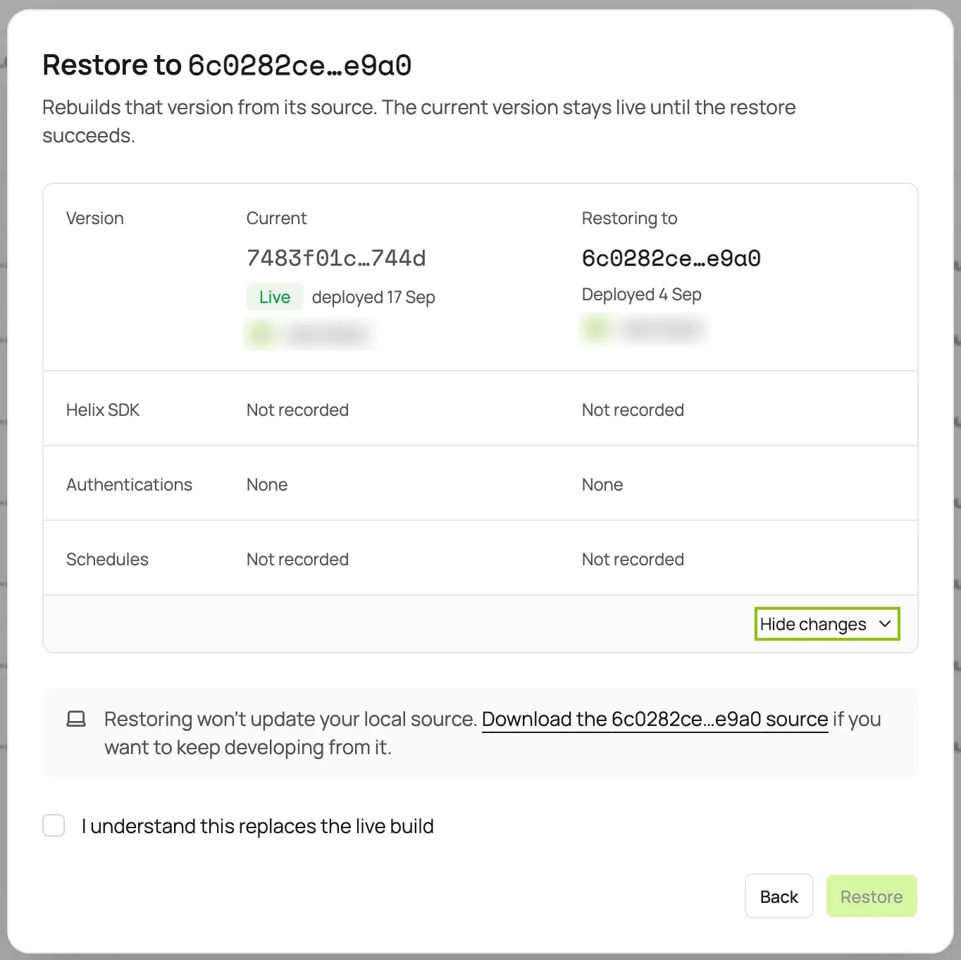 The Restore dialog in Tray Helix, comparing the live version with the earlier version being restored. It notes that the current version stays live until the restore succeeds, and that restoring won't update your local source.