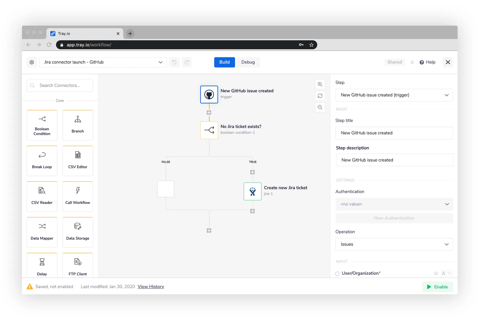Tray.io workflow builder showing a Jira-GitHub workflow: New GitHub issue created trigger → branch on "No Jira ticket exists?" → Create new Jira ticket on the TRUE path