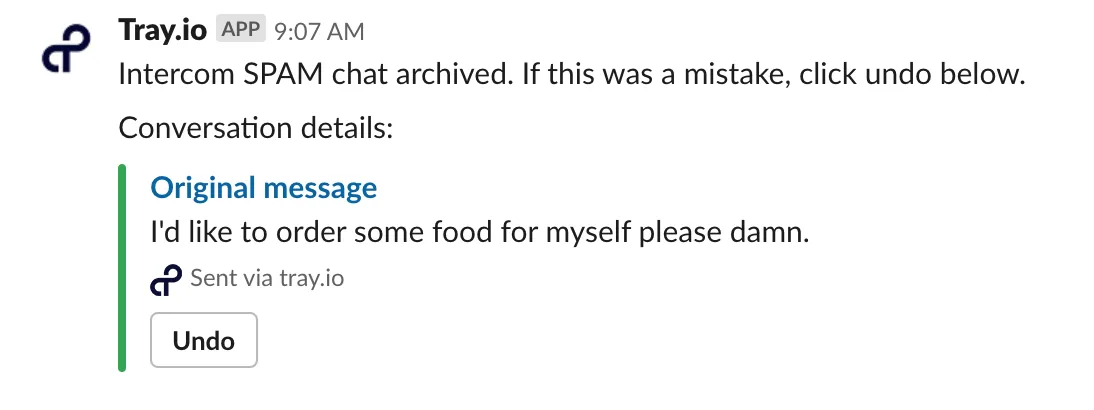 Slack message from Tray.ai app saying the Intercom SPAM chat was archived, with the original message quoted and an Undo button