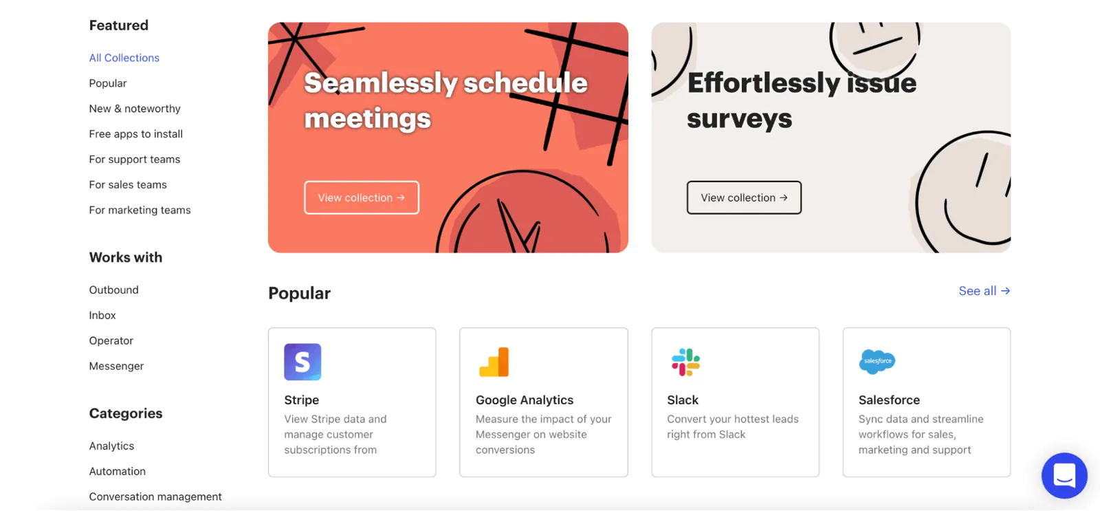 Intercom App Store browse view with "Seamlessly schedule meetings" and "Effortlessly issue surveys" feature collections and popular apps including Stripe, Google Analytics, Slack, and Salesforce