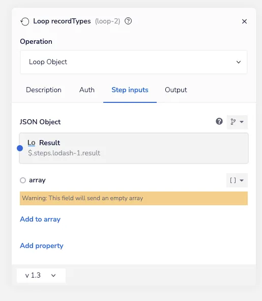 Loop helper Loop recordTypes configured with the Loop Object operation, iterating the lodash groupBy result.