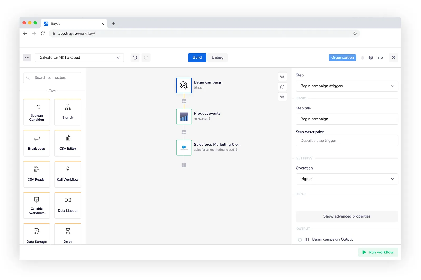 Tray workflow builder showing a Begin campaign trigger feeding a Mixpanel product events step into a Salesforce Marketing Cloud step