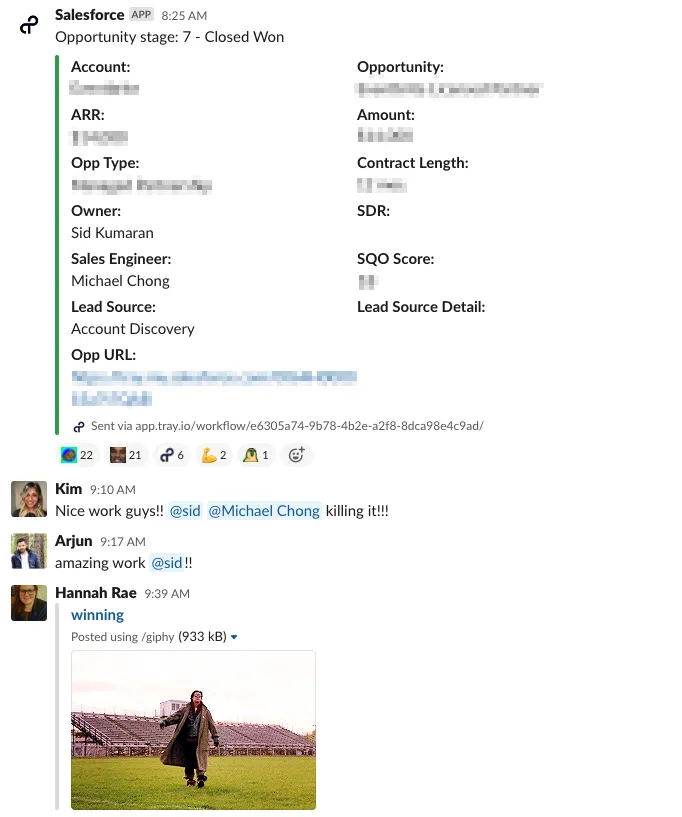 Slack channel showing a Salesforce-posted Closed Won opportunity card with account, ARR, owner and sales engineer details, followed by congratulatory messages from teammates and a celebratory GIF.
