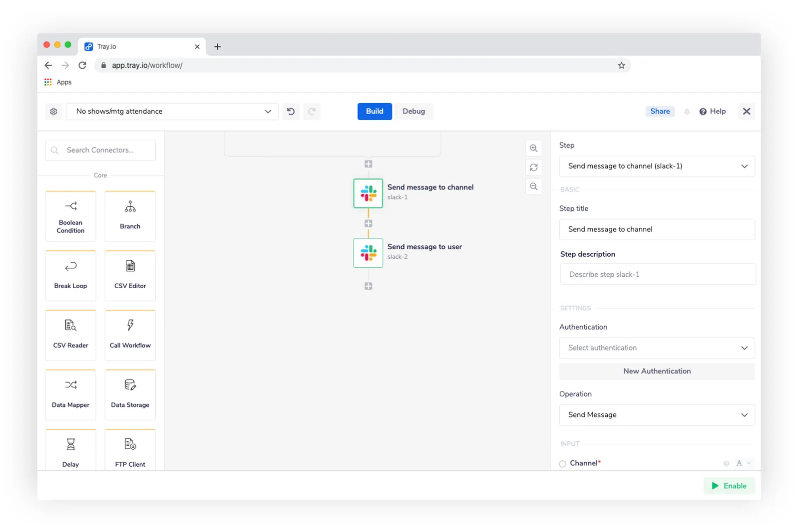 Tray workflow snippet: Send Slack message to channel, then Send Slack message to user