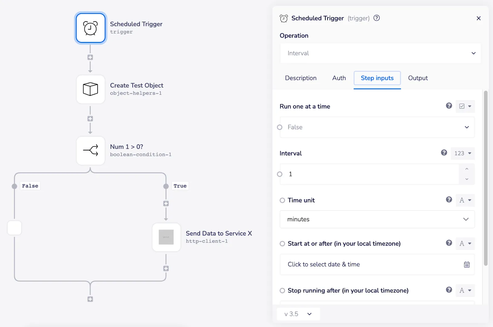 Tray workflow with a scheduled trigger set to a one-minute interval, branching on a boolean condition to send data to a service
