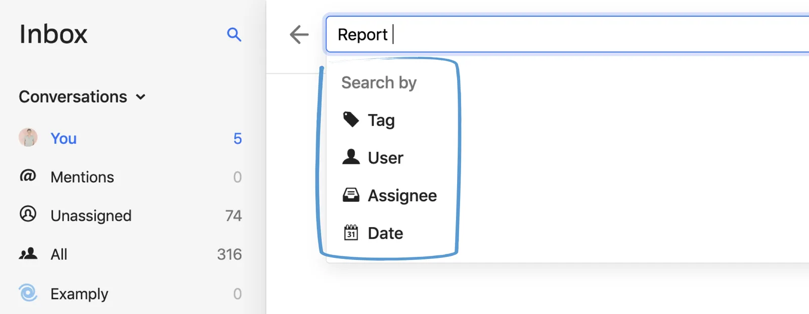 Intercom Inbox sidebar with conversation counts for You, Mentions, Unassigned, and All, alongside a search-by menu offering Tag, User, Assignee, and Date filters