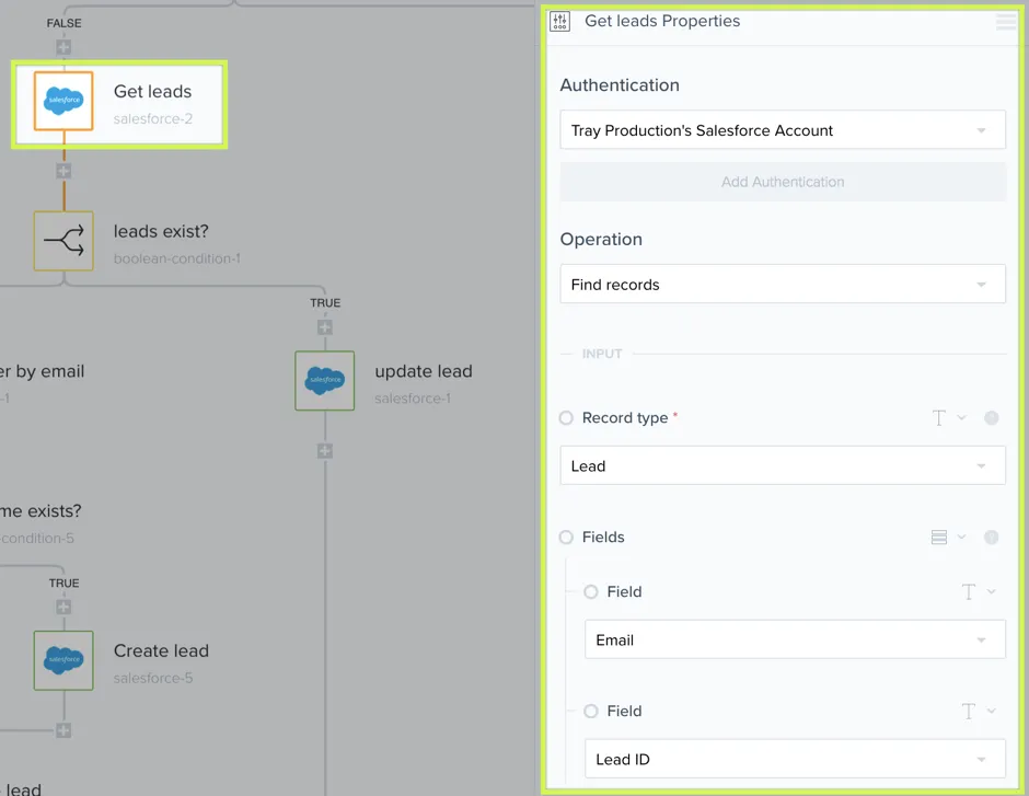 Get leads step properties: Salesforce Find records operation against Lead record type with Email and Lead ID fields.