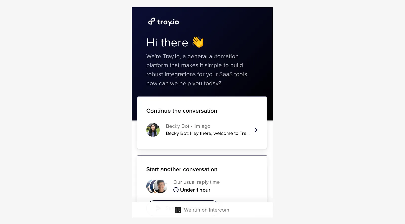 Tray.ai Intercom chat widget greeting "Hi there" with a "Continue the conversation" thread from Becky Bot and a "We run on Intercom" badge at the bottom