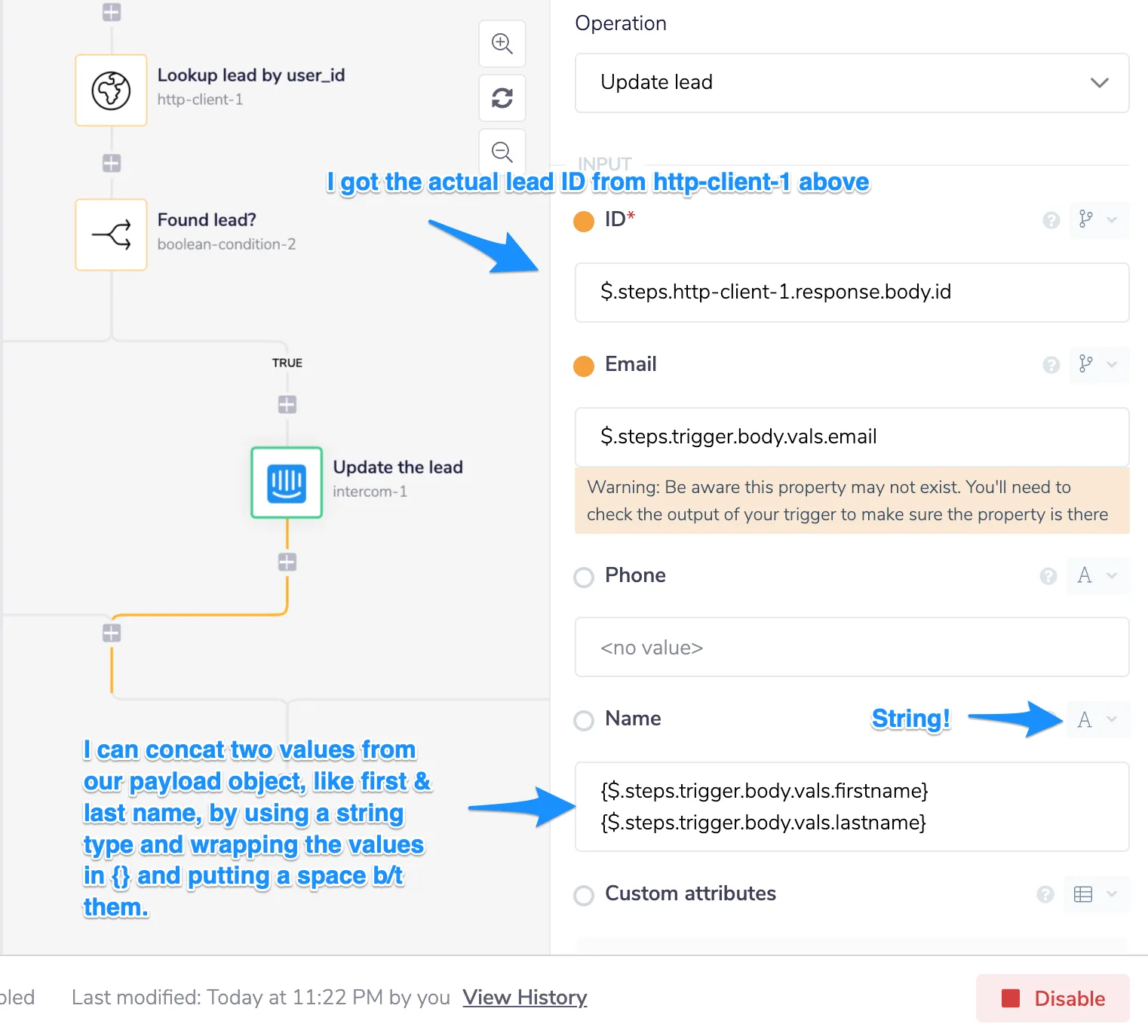 Intercom "Update lead" step with annotations explaining how the ID is taken from http-client-1's response.body.id and the Name is built by concatenating trigger.body.vals.firstname and lastname.