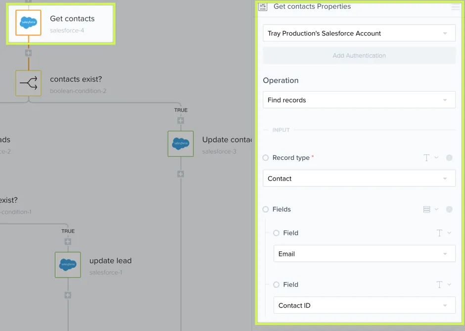 Get contacts step properties: Salesforce Find records operation against Contact record type with Email and Contact ID fields.