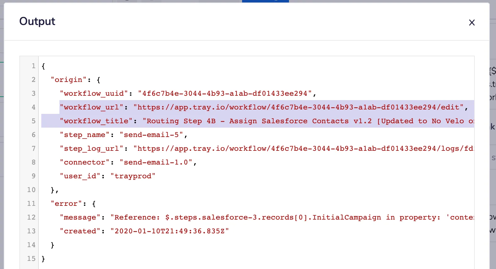 Trigger output JSON with workflow_url and workflow_title properties highlighted inside the origin object