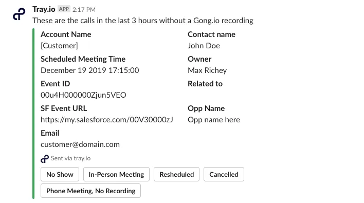 Slack message from Tray.io listing a Salesforce event without a Gong.io recording (account, contact, owner, opp, scheduled time) with buttons for No Show, In-Person Meeting, Rescheduled, Cancelled, and Phone Meeting/No Recording