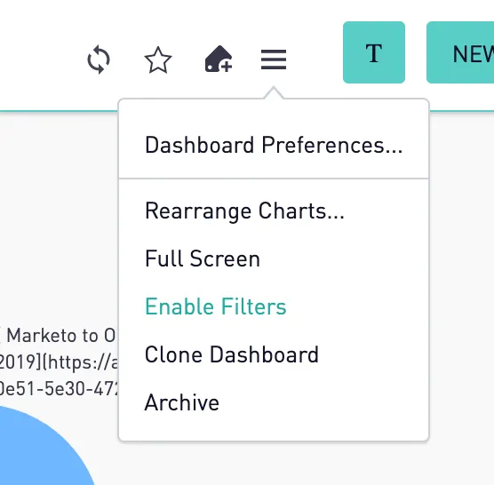 Sisense dashboard menu open with Dashboard Preferences, Rearrange Charts, Full Screen, Enable Filters, Clone Dashboard, and Archive options.