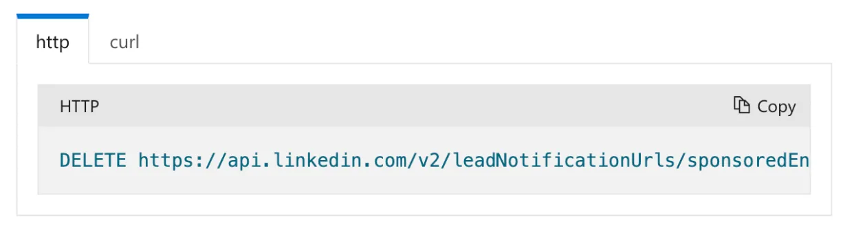 Sample HTTP DELETE request to api.linkedin.com leadNotificationUrls endpoint