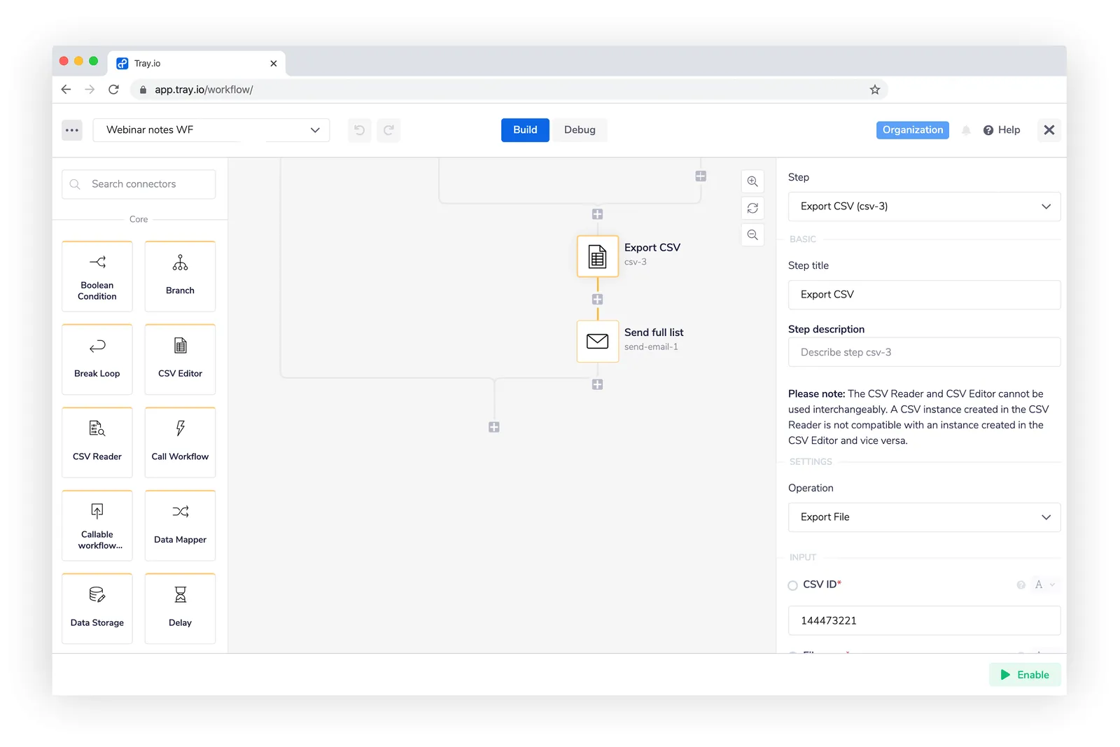 End of the workflow showing an Export CSV step followed by a 'Send full list' send-email step delivering the questions to the demo host