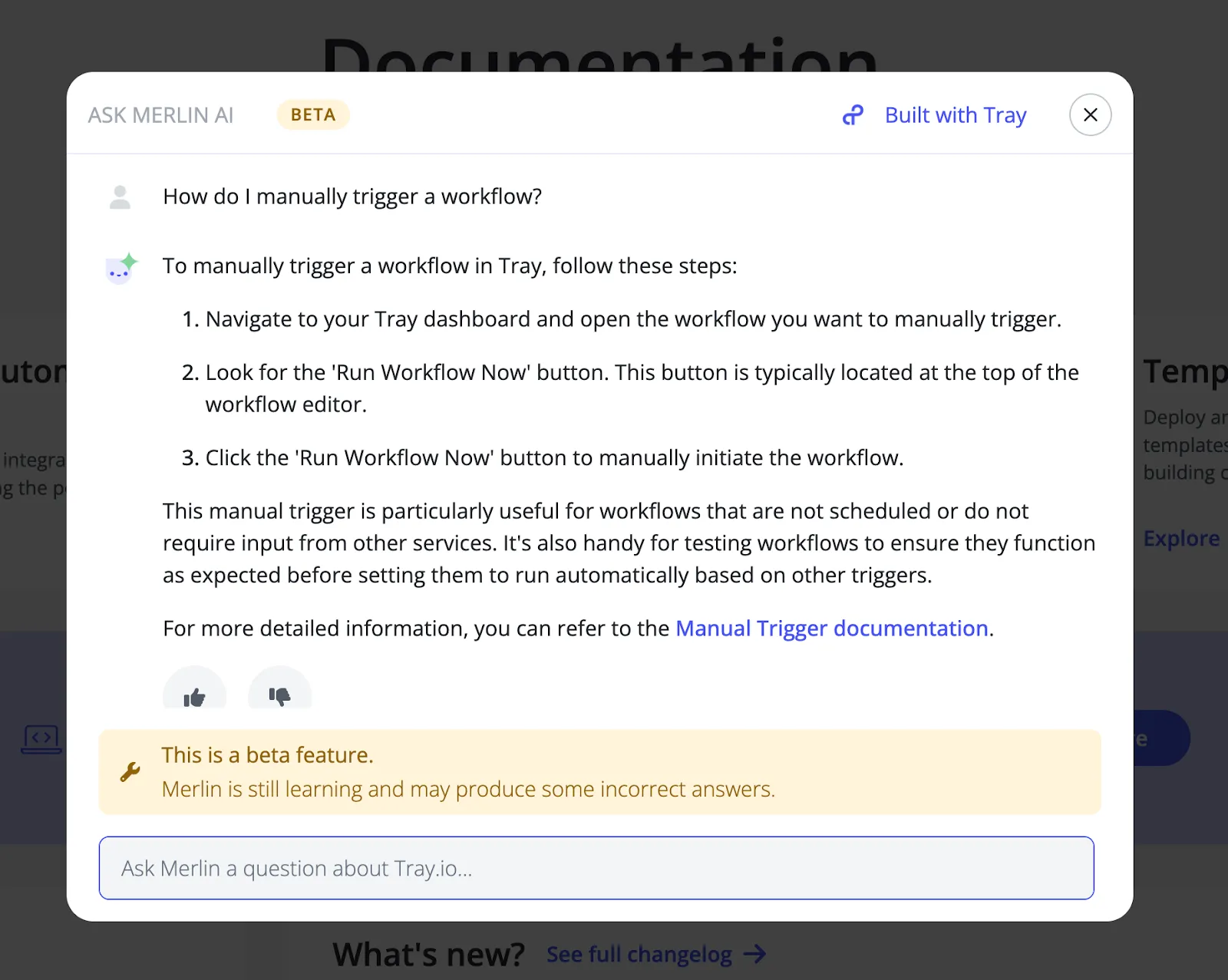 Ask Merlin AI chat panel answering "How do I manually trigger a workflow?" with a numbered list of steps and a link to the Manual Trigger documentation.