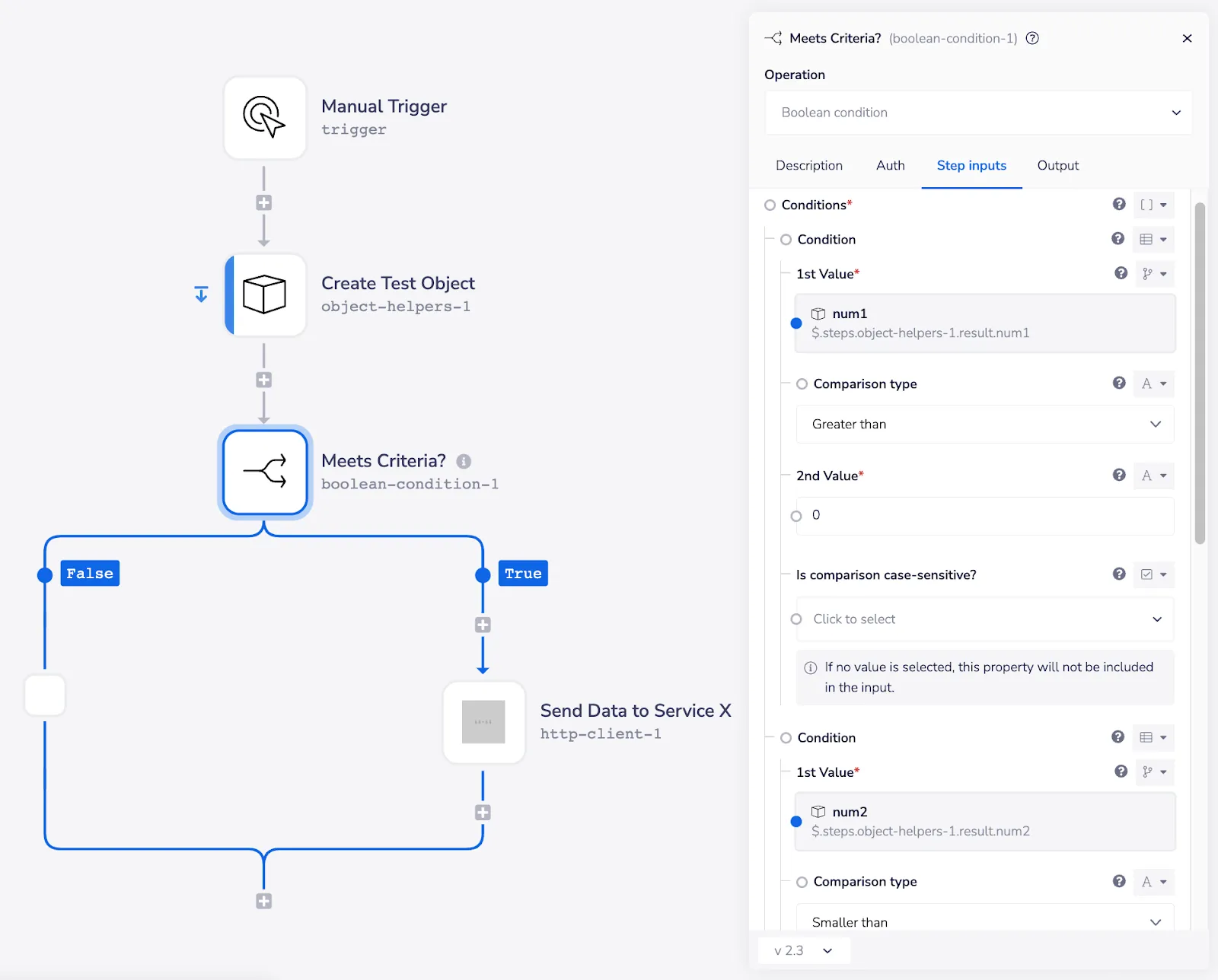 Optimized workflow using a single "Meets Criteria?" boolean connector that combines all three conditions, with the configuration panel showing num1 and num2 comparisons