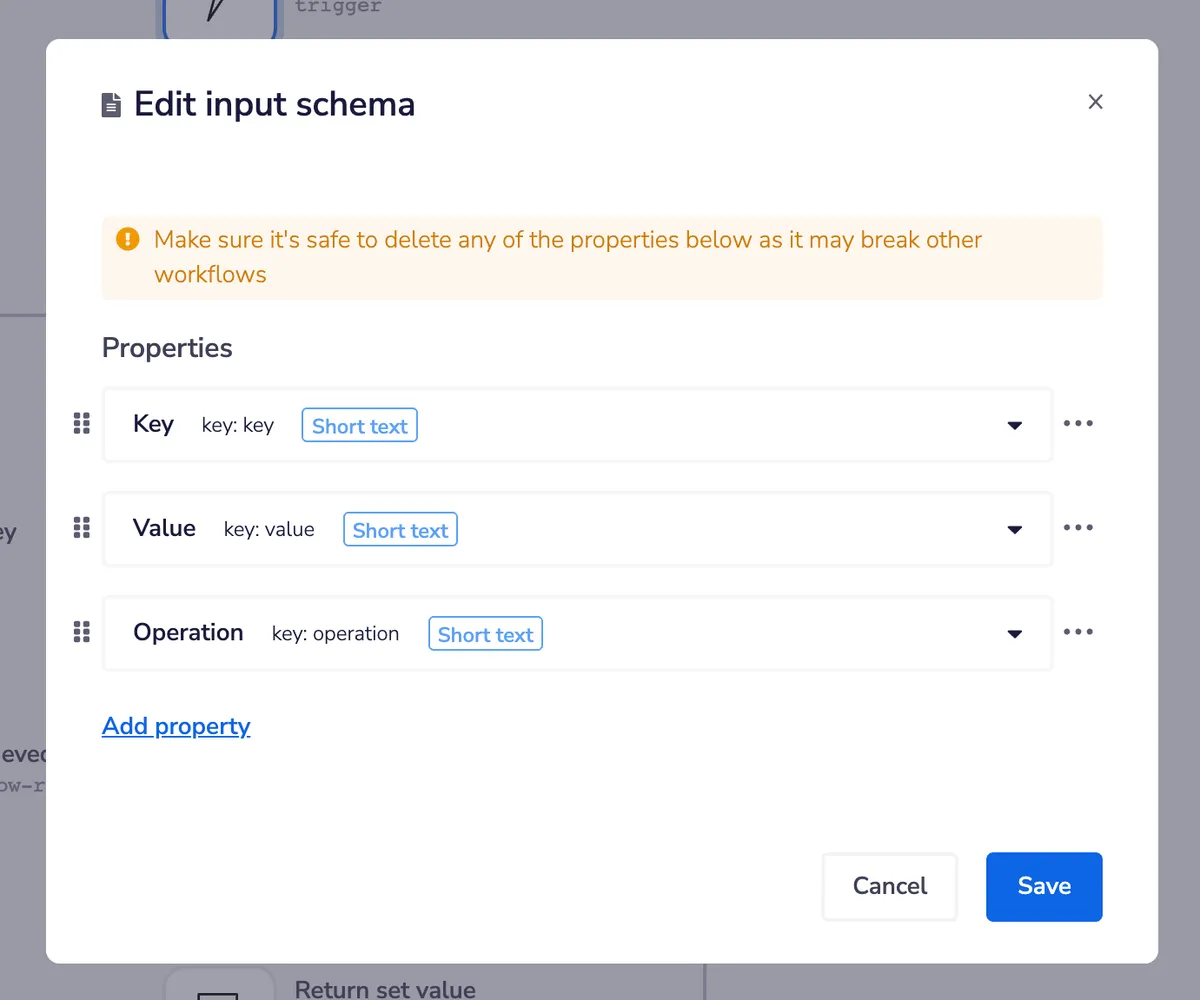 Tray Edit input schema modal defining three Short text properties — Key, Value, and Operation — on the callable trigger