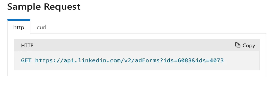 Sample HTTP GET request to api.linkedin.com adForms endpoint passing multiple ids