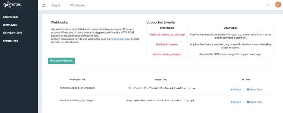 Promoter.io Webhooks page listing supported events (feedback.added_or_changed, feedback.removed, metric.score_changed) and configured target URLs.