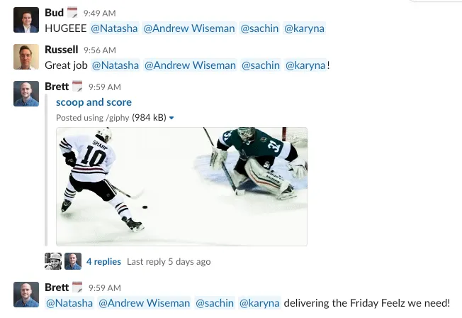 Slack thread of teammates cheering a deal with "HUGEEE" and "Great job" messages, and a "scoop and score" hockey GIF posted via /giphy.