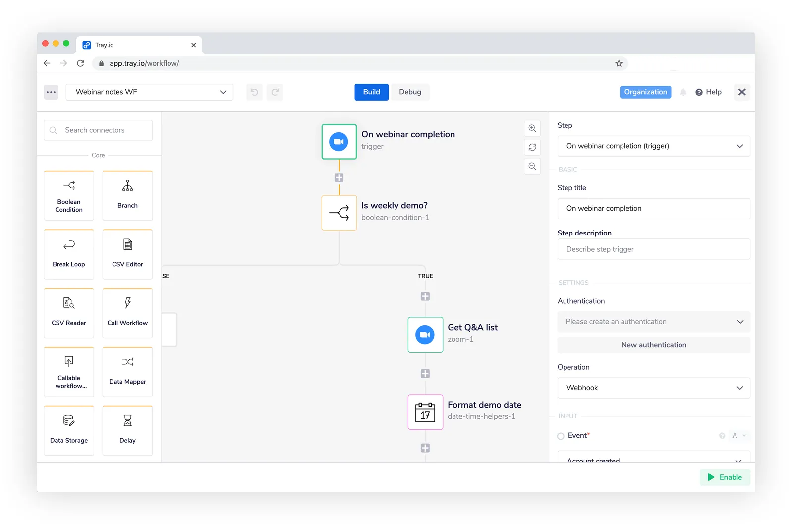 Tray workflow with a Zoom 'On webinar completion' trigger, an 'Is weekly demo?' boolean condition, and Zoom Get Q&A list plus Format demo date steps on the True branch