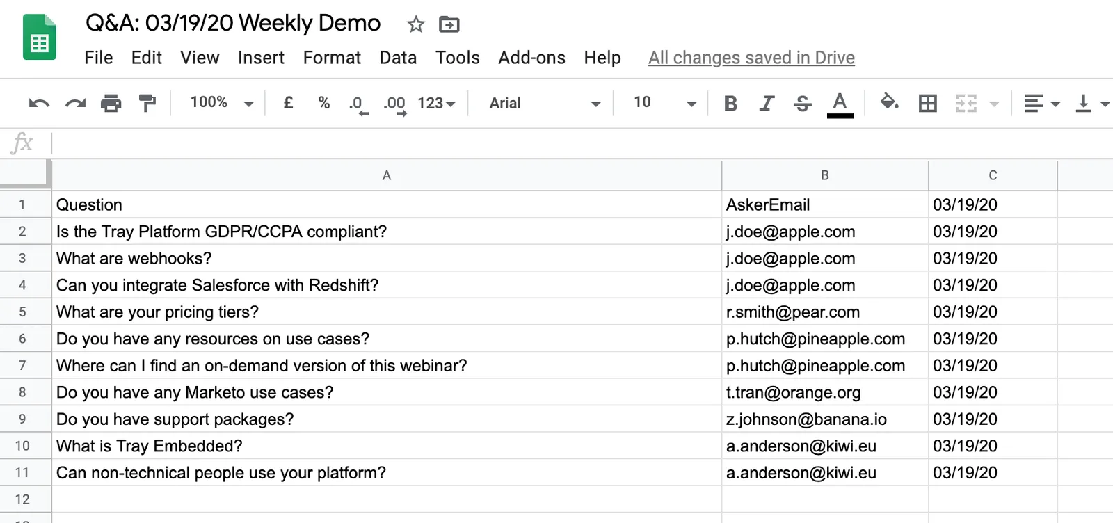 Google Sheet titled 'Q&A: 03/19/20 Weekly Demo' listing attendee questions, asker email and date across rows