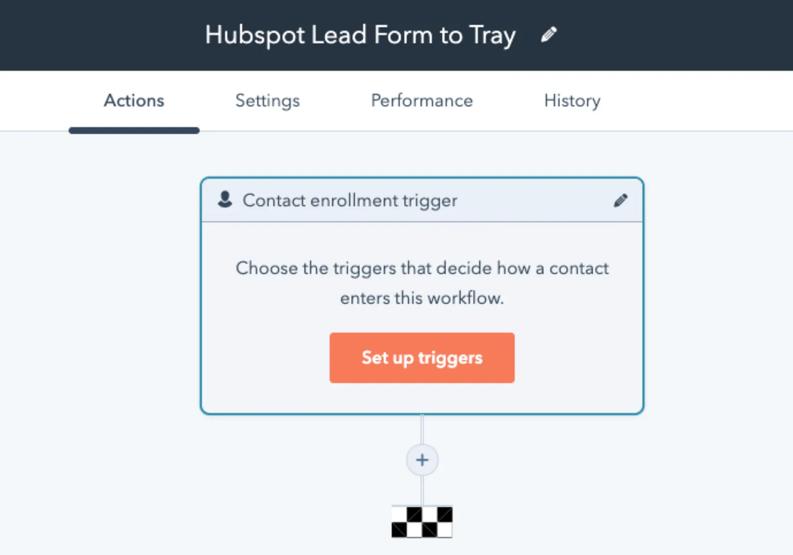 HubSpot Workflows editor titled Hubspot Lead Form to Tray showing an empty Contact enrollment trigger card with a Set up triggers button.