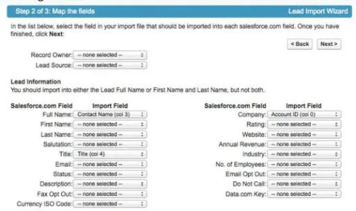 Salesforce Lead Import Wizard "Map the fields" step with dropdowns for Record Owner, Lead Source, Full Name, Email, and other lead fields