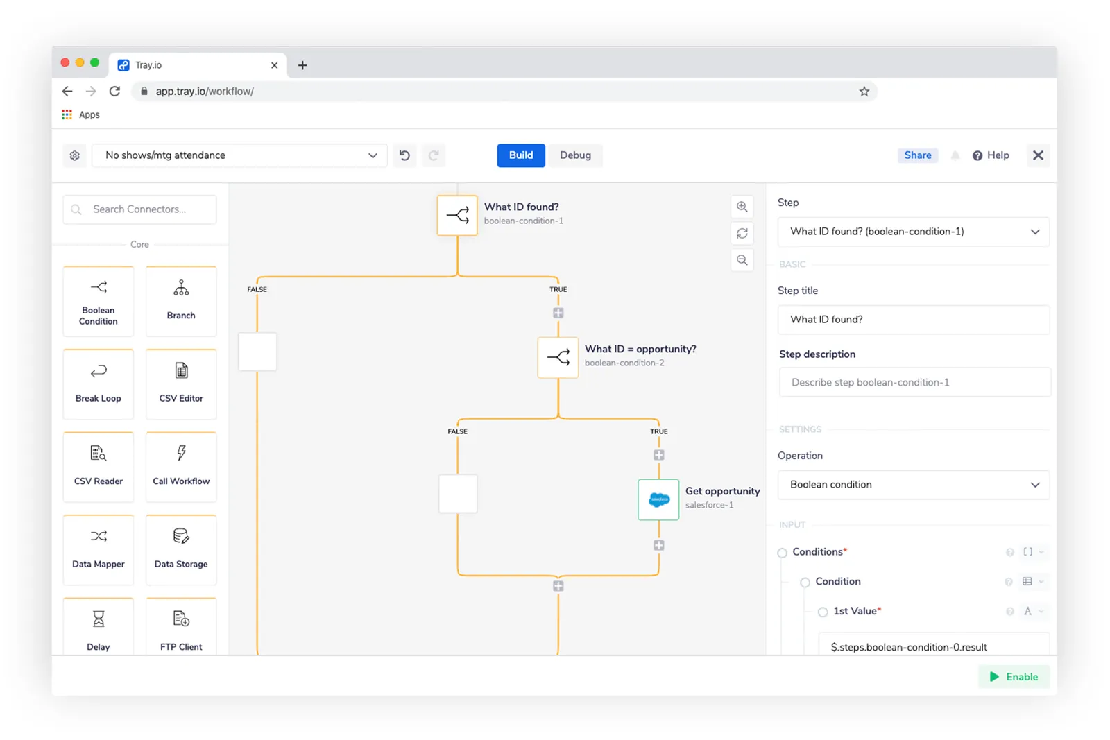 Tray workflow branch: What ID found? → What ID = opportunity? → Get opportunity from Salesforce on TRUE