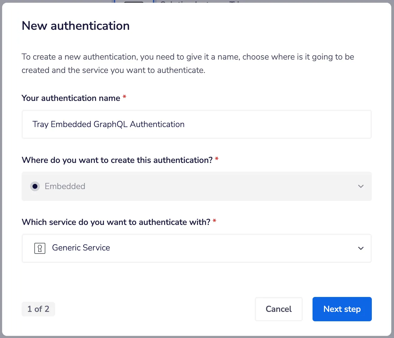 New authentication dialog (step 1) creating a Tray Embedded GraphQL Authentication using the Generic Service