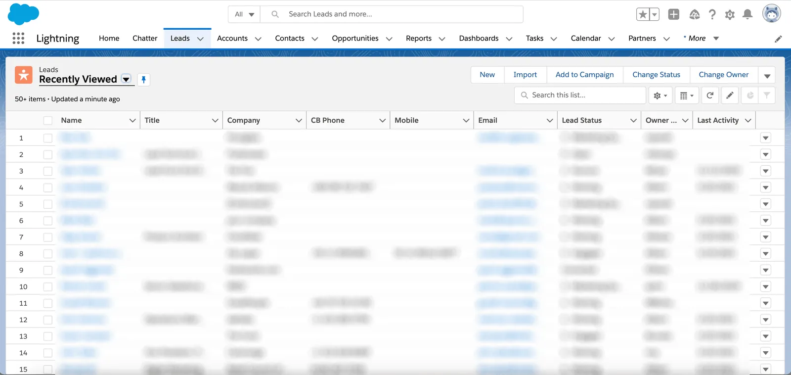 Salesforce Lightning Leads tab showing a Recently Viewed list view with columns for name, title, company, phone, email, and lead status.