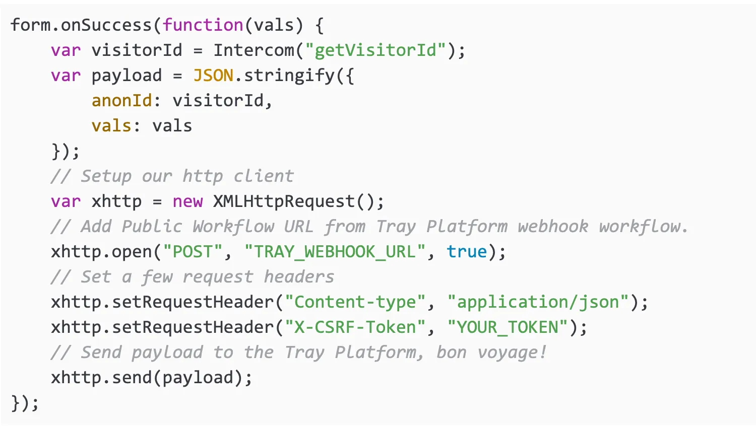 JavaScript snippet building the JSON payload, then creating an XMLHttpRequest that POSTs to TRAY_WEBHOOK_URL with Content-type application/json and an X-CSRF-Token header before calling xhttp.send(payload).