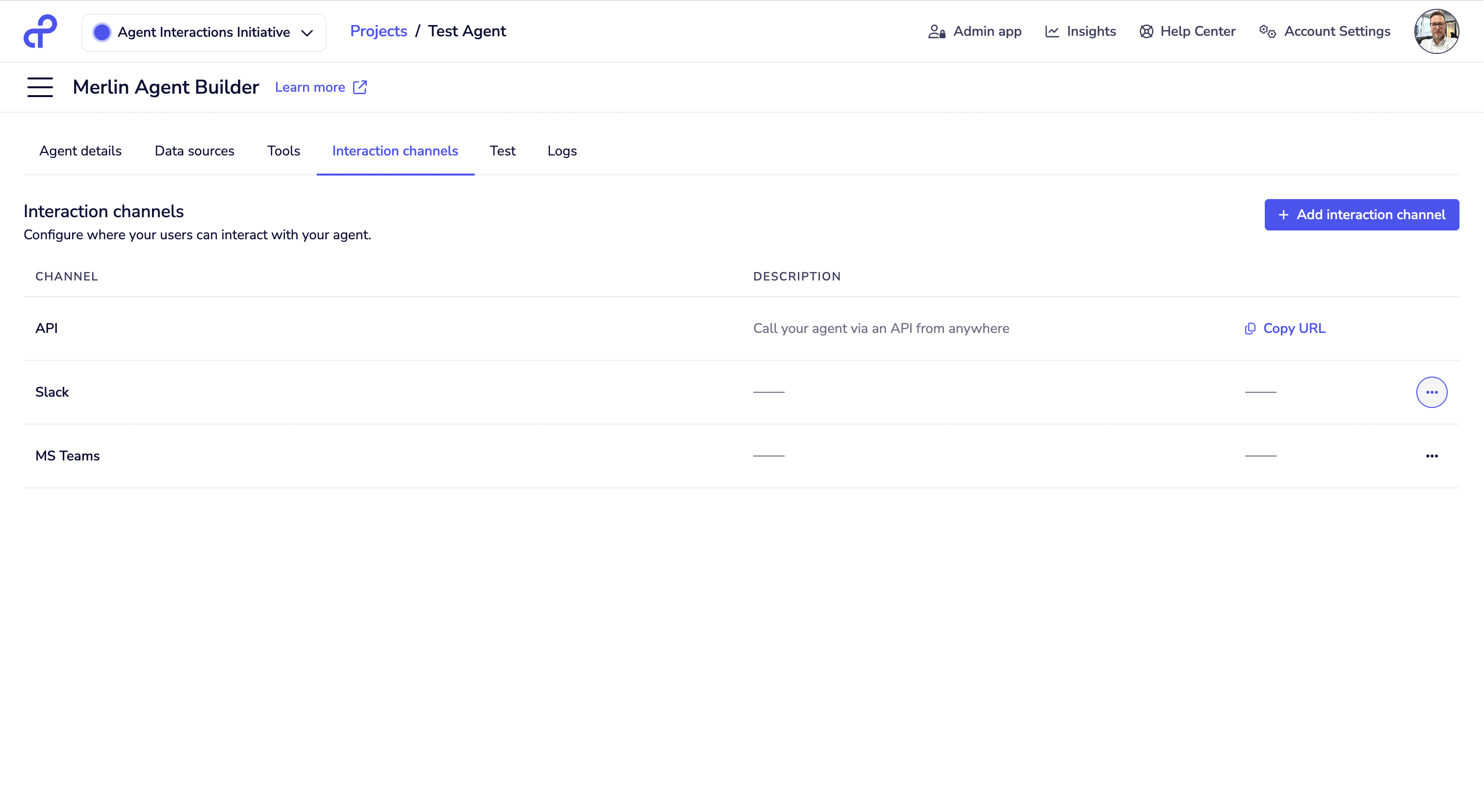 Adding a new interaction channel screenshot